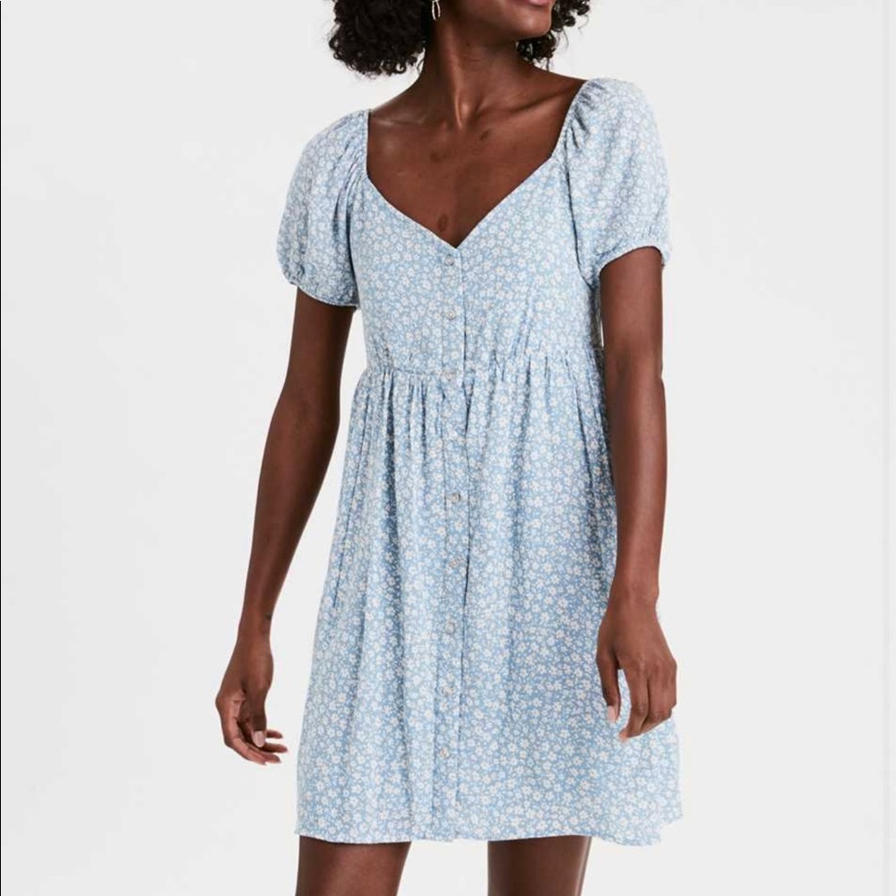 American Eagle AE Babydoll Mini Dress Floral Blue